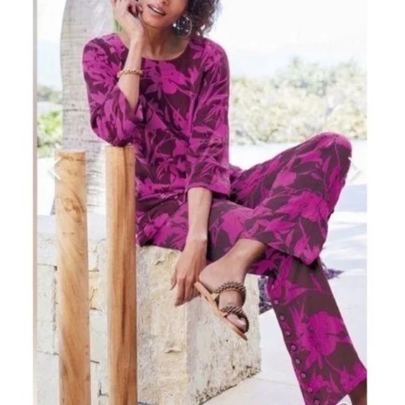 Soft Surroundings Oceo Tropical Fuschia Gauze Wide Leg Pants and Top Set Size XL